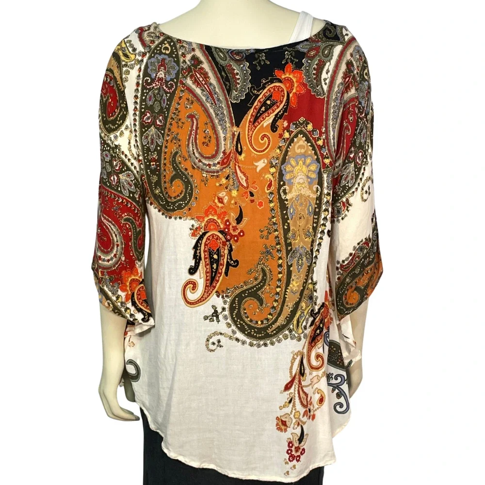 Chico's Sz XS/S Poncho Short Sleeve Boho Paisley Scarf Print Lightweight Rayon